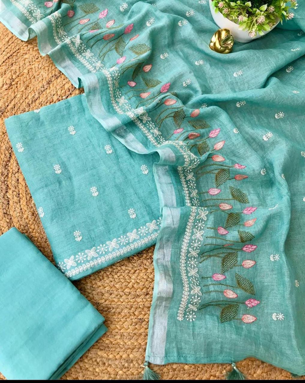 Heavy Embroidered Linen Salwar Suit Unstitched Dress Material DM46