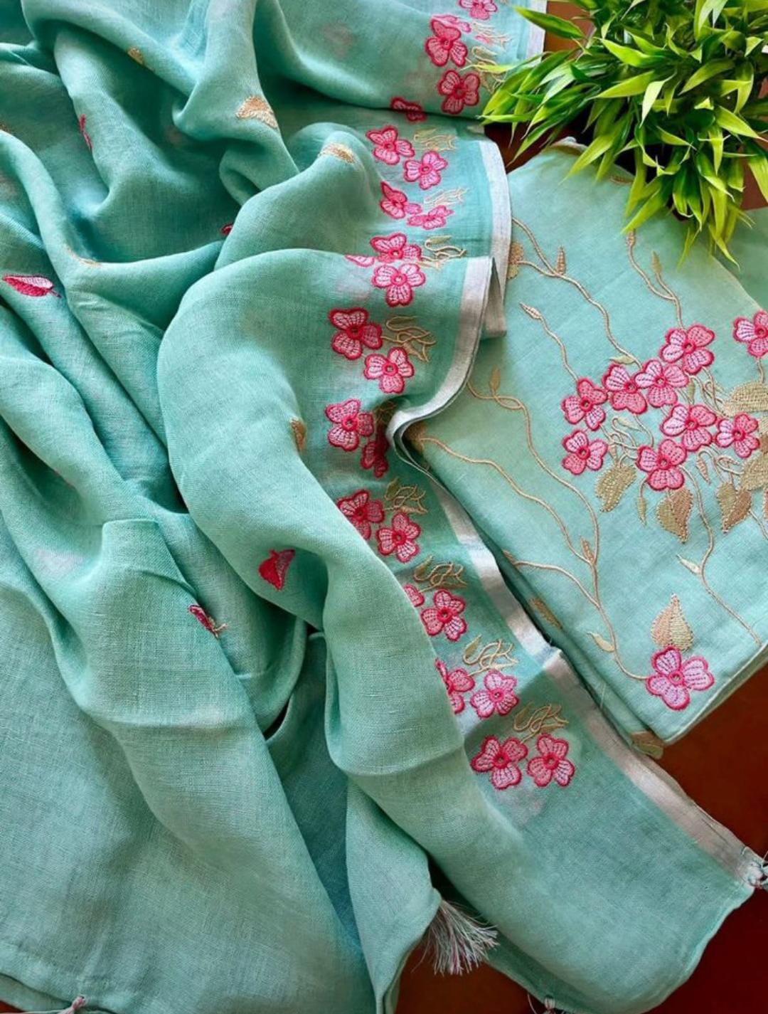 Heavy Embroidered Linen Salwar Suit Unstitched Dress Material DM48