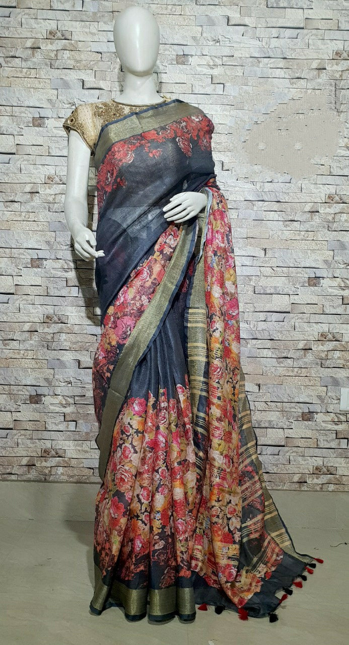 Digital Printed Linen Saree DPL29