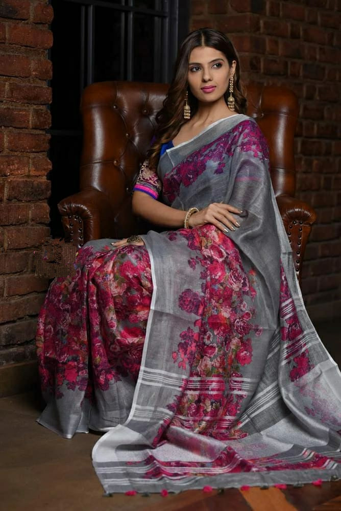 Digital Printed Linen Saree DPL62
