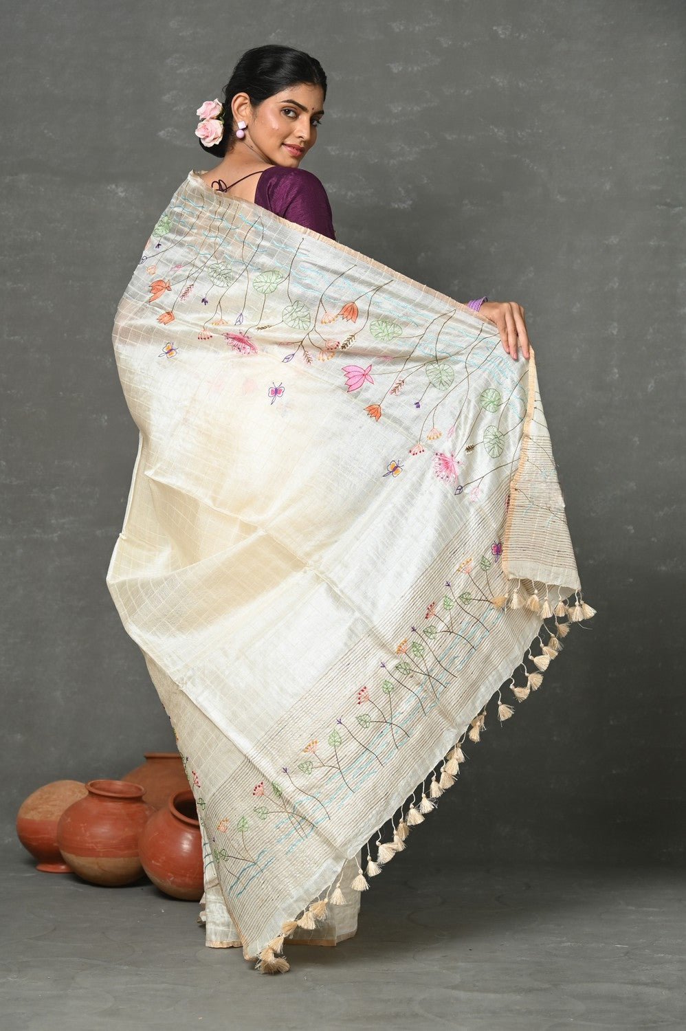 Handloom Pure Tussar Silk Saree with French Knot Embroidery Work Saree PTK01