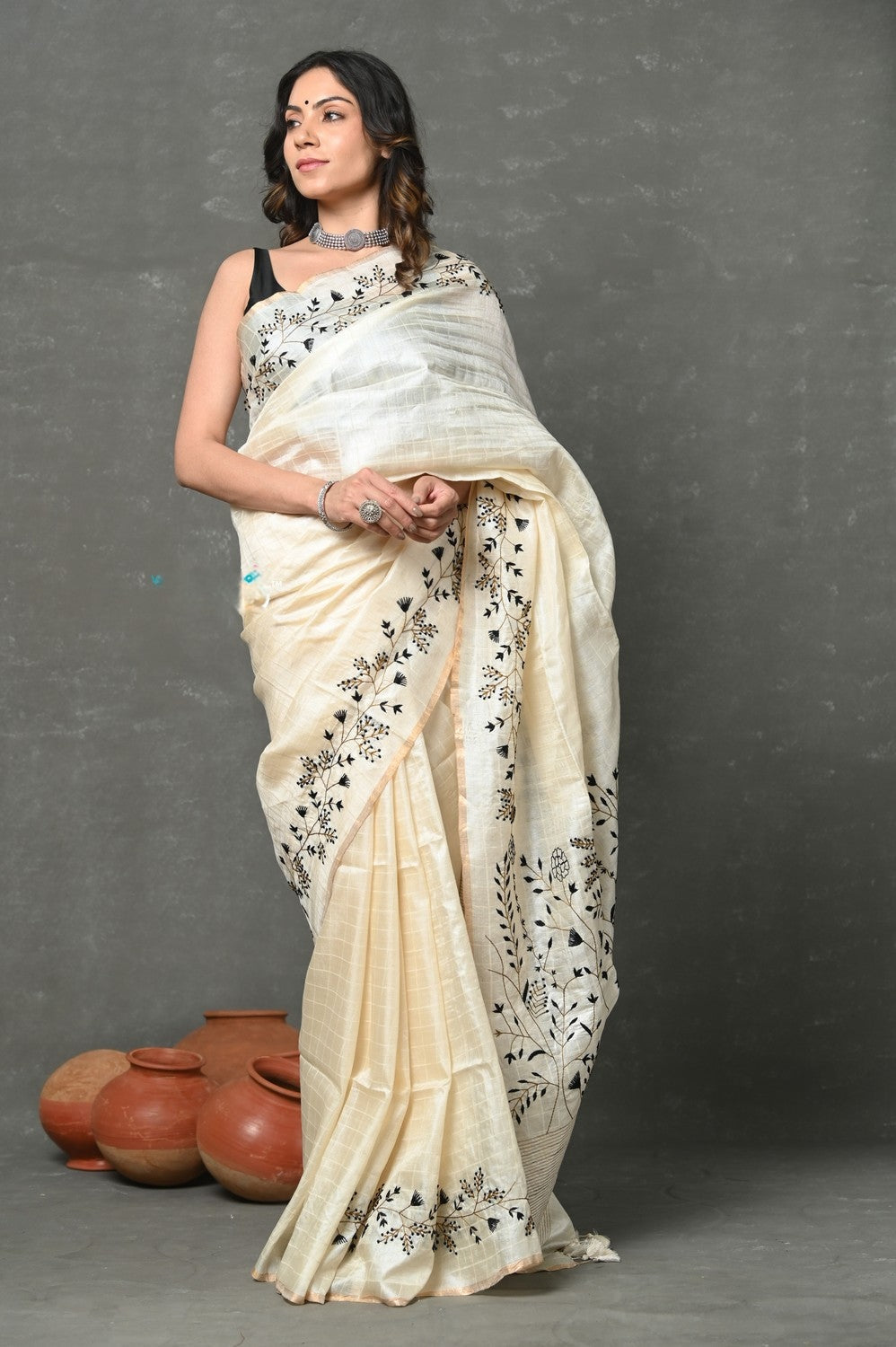 Handloom Pure Tussar Silk Saree with French Knot Embroidery Work Saree PTK02