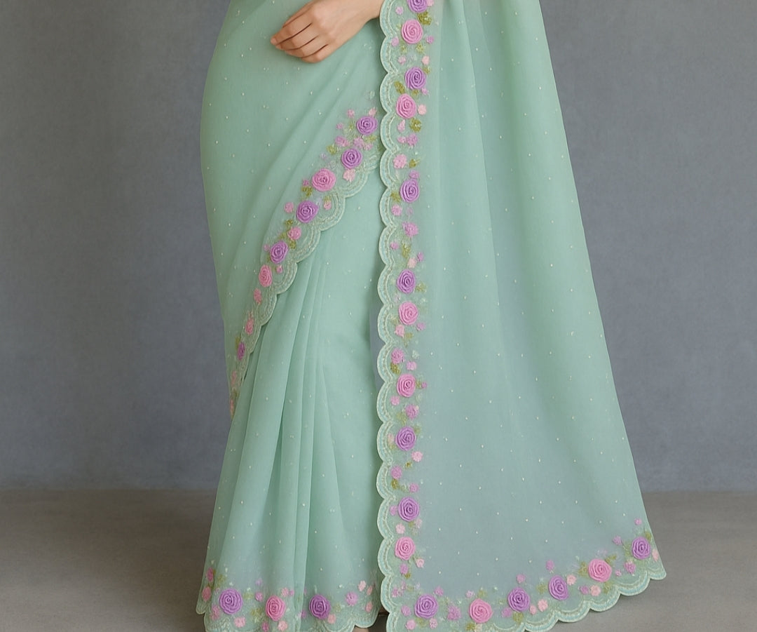 Organza Silk Saree With Beautiful French Knot And Beads Work Saree OFK04