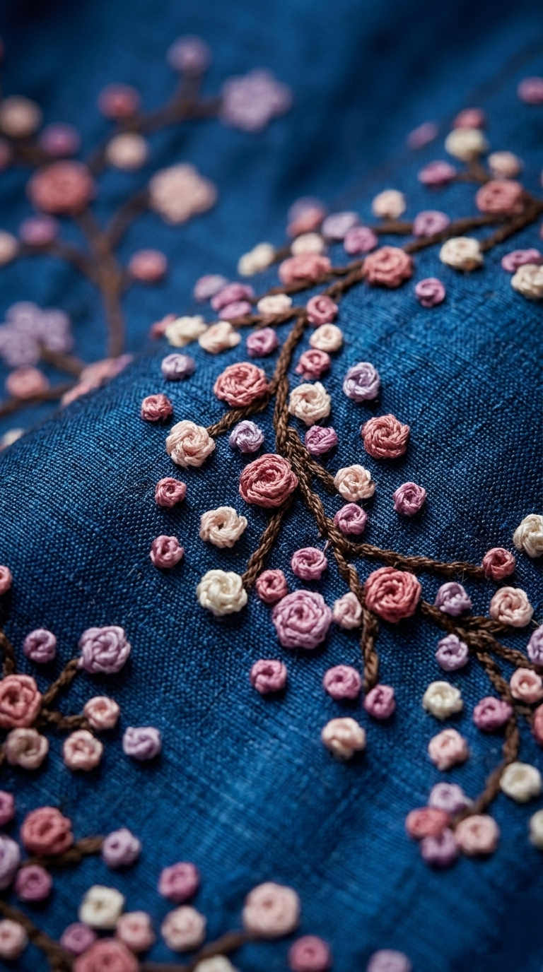 Midnight Navy Pure Tussar Silk Saree with Hand-Embroidered French Knot Blooms