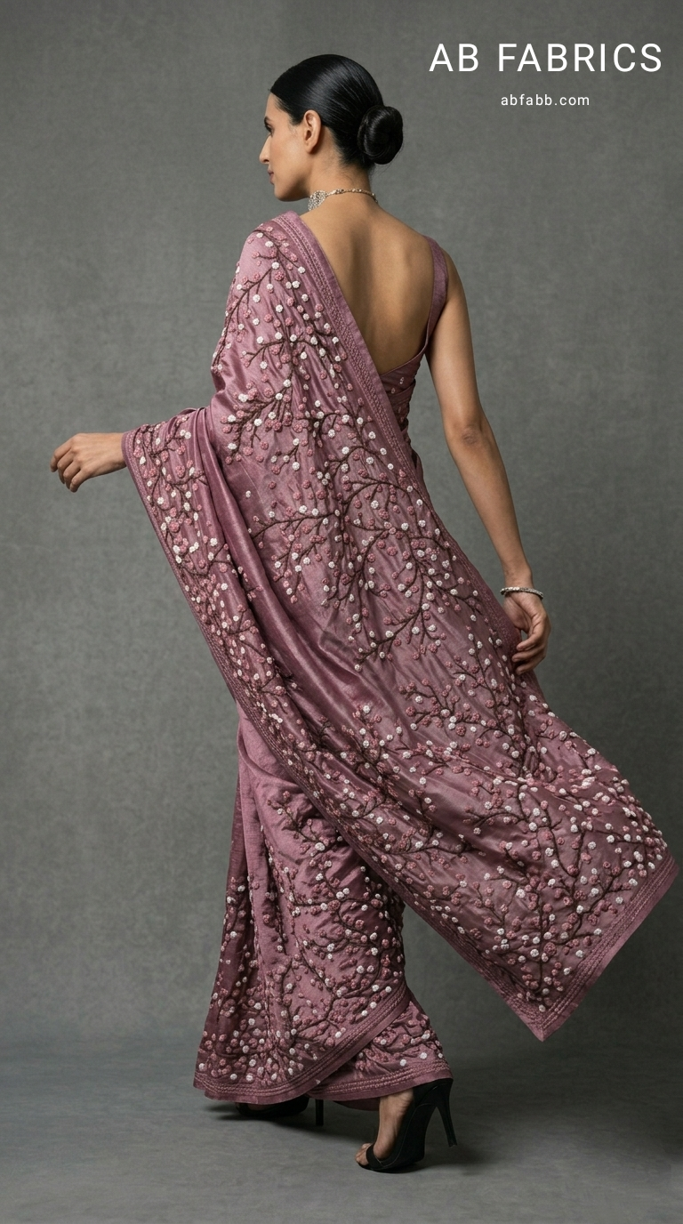 Mauve Pure Tussar Silk Saree with Hand-Embroidered French Knot Blooms