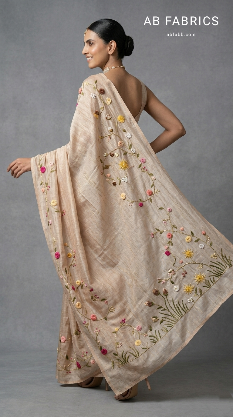 Elegant Soft Beige Hand French Knot Embroidered Silk Linen Saree