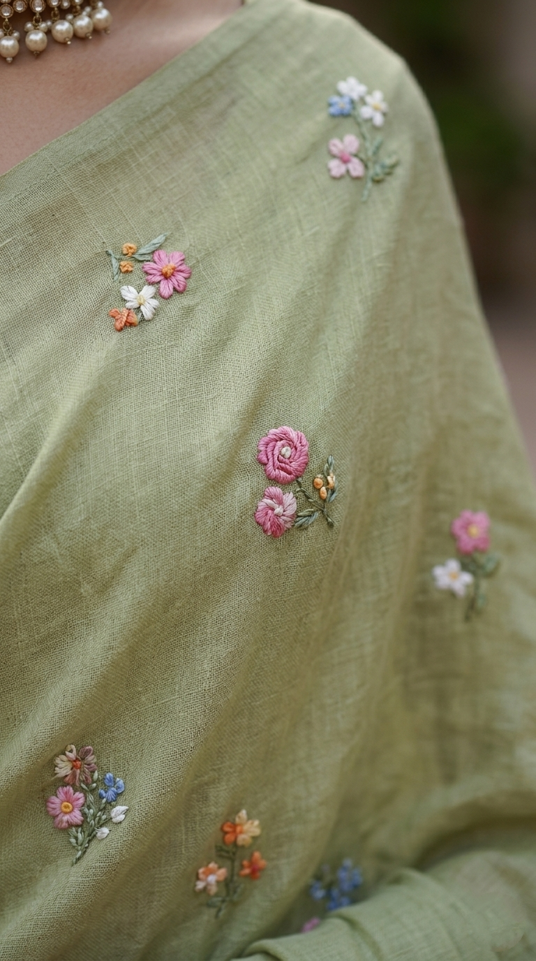 Pastel Olive Green Natural Linen Saree with Delicate Floral Hand Embroidered Work
