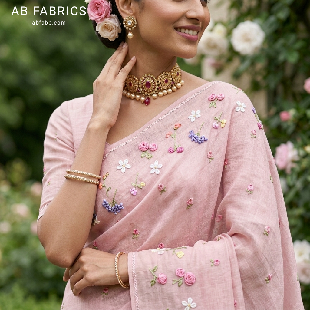 Blush Pink Natural Linen Saree with Delicate Floral Hand Embroidered Work