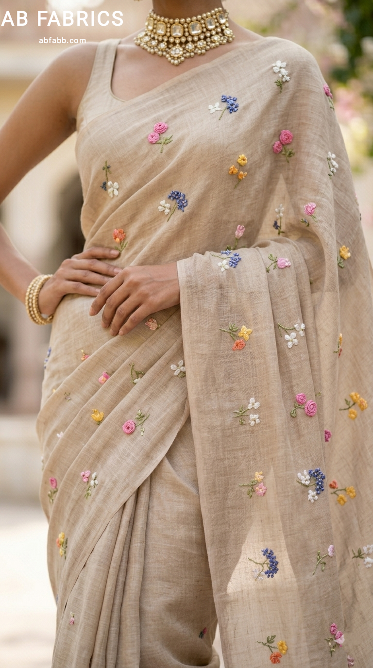 Natural Beige Linen Saree with Beautiful Hand Embroidered Work