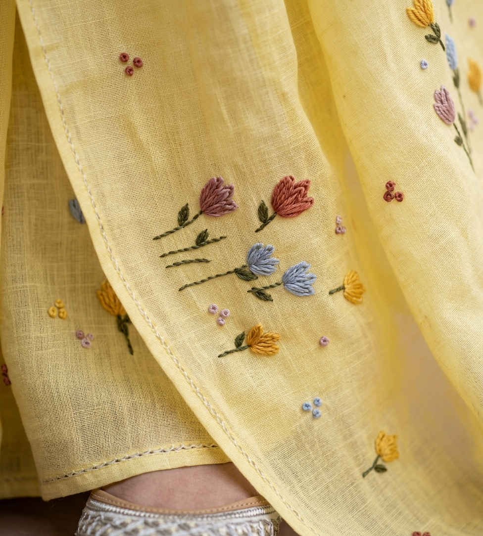 Lemon Zest Natural Linen Saree with Vibrant Hand-Embroidered Flowers
