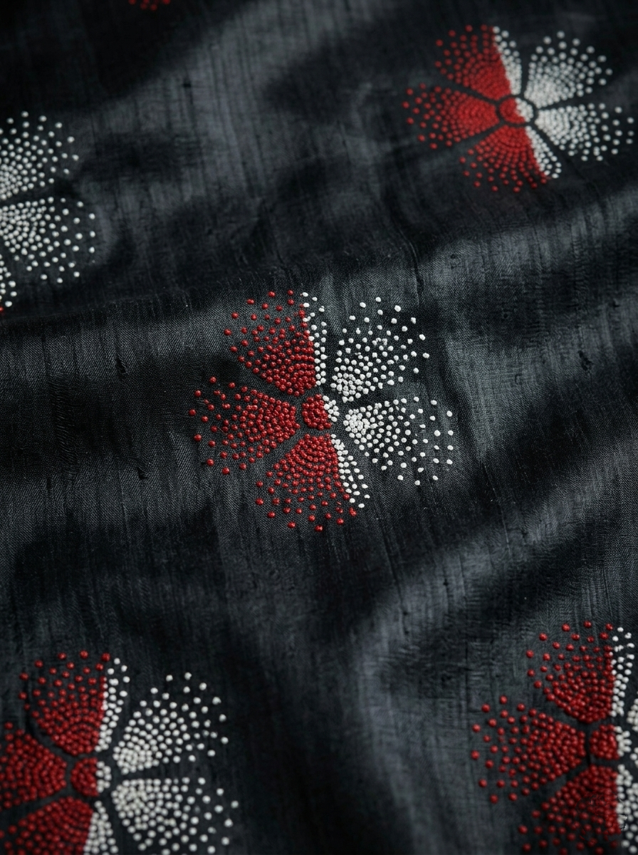 Midnight Black Silk Saree with Crimson Floral Kantha Stitched