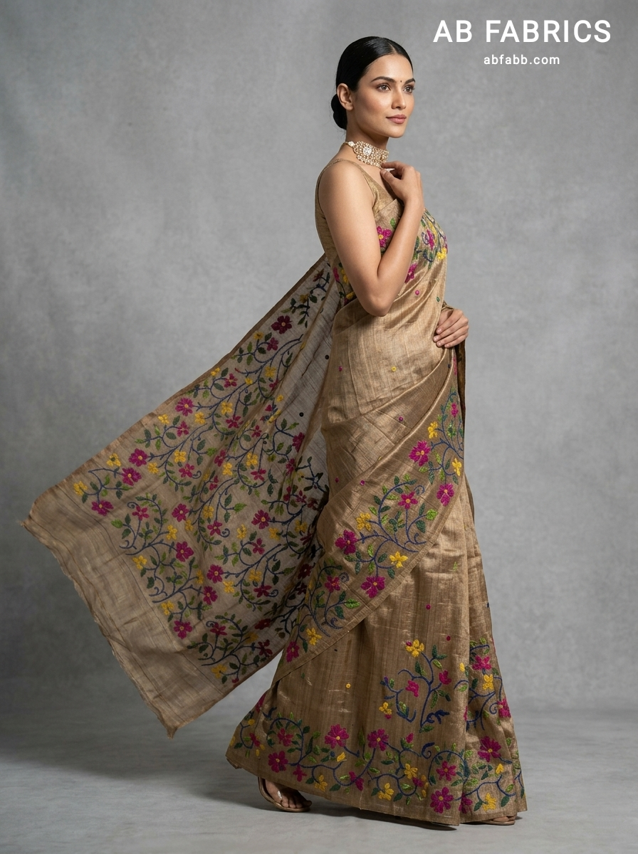 Antique Gold Pure Tussar Silk Saree with Multicolored Floral Kantha Stitch