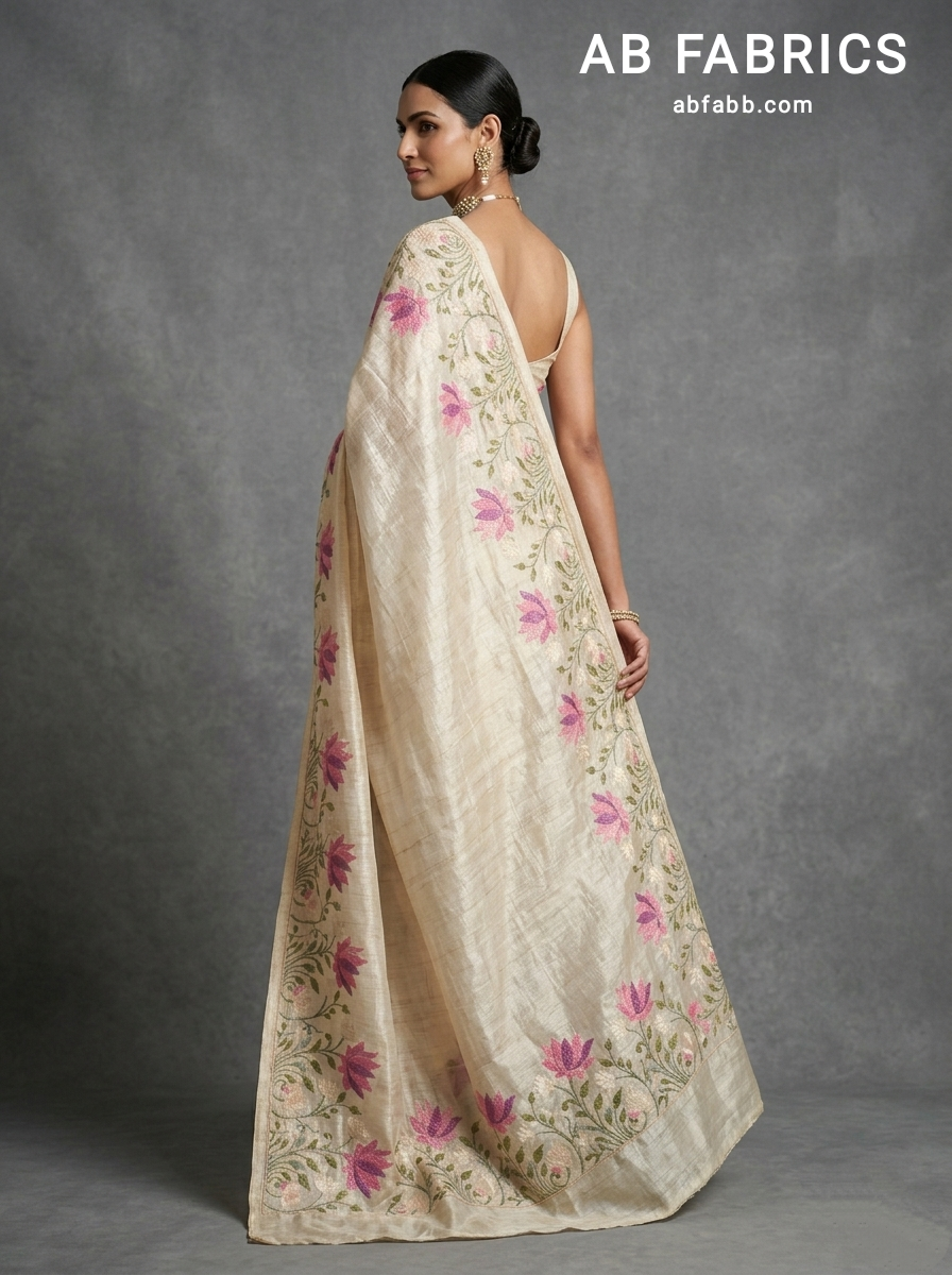 Cream Pure Tussar Silk Saree With Beautiful Embroidery Work