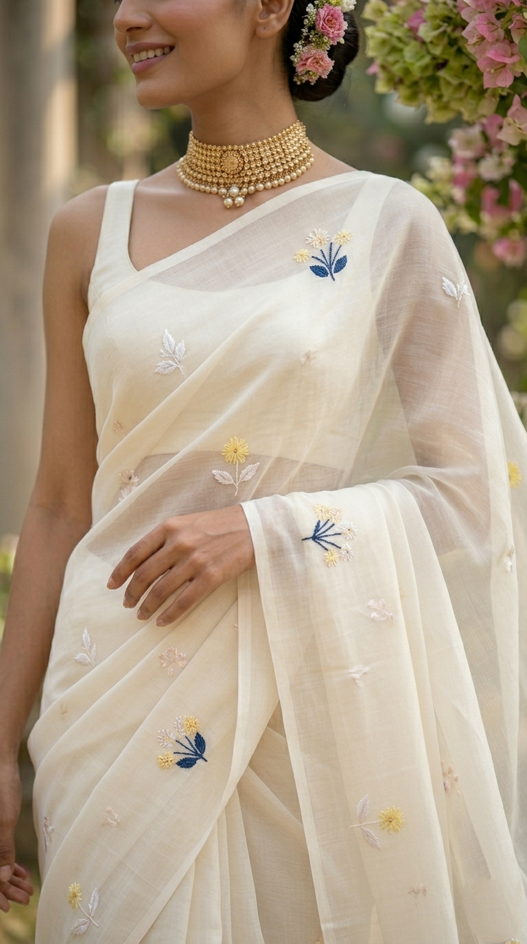 Milk-White Mulmul Cotton Saree with Multi-Color Floral Embroidery