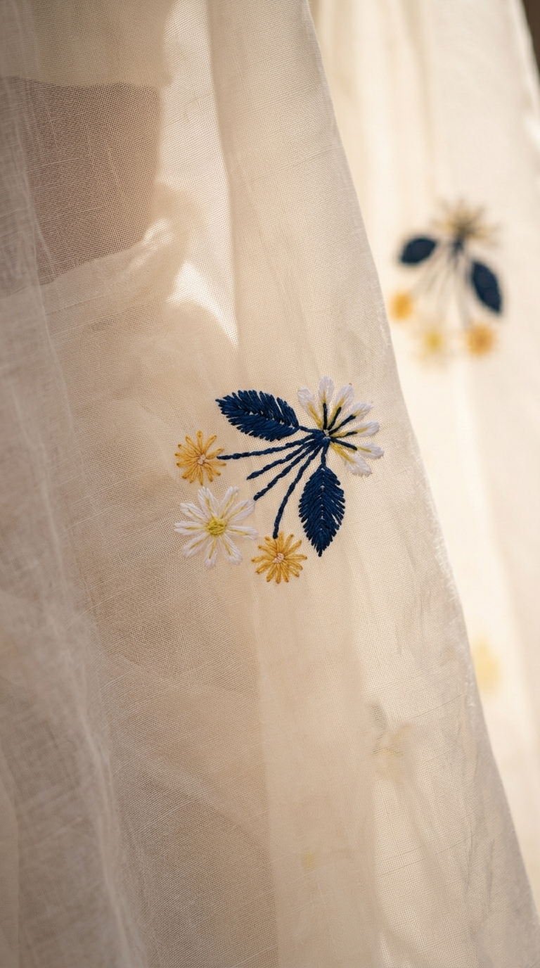 Cream-White Mulmul Cotton Saree with Multi-Color Floral Embroidery