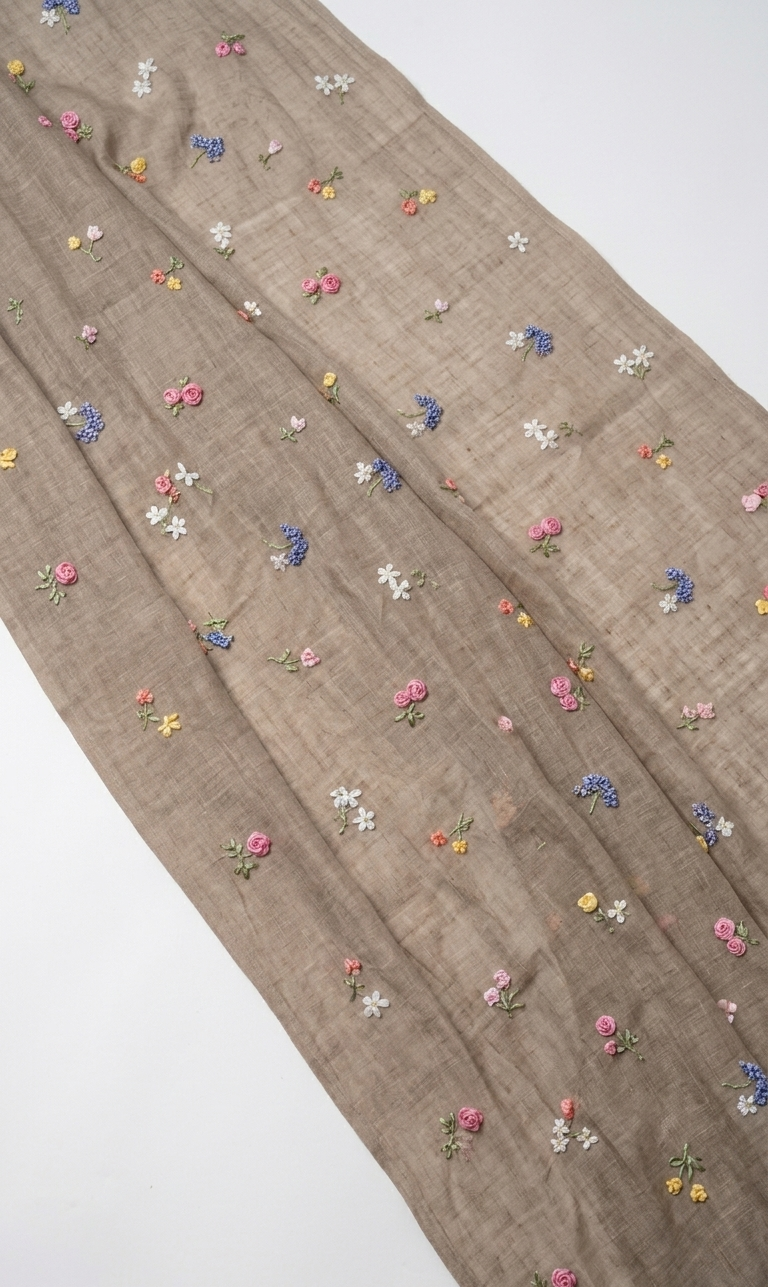 Mud beige Natural Linen Saree with Delicate Floral Hand Embroidered Work