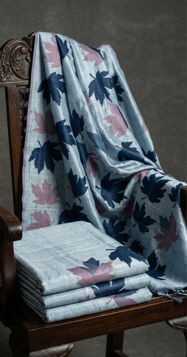 Powder Blue Hand-Painted Tussar Silk Saree with Autumn Chinar Leaves
