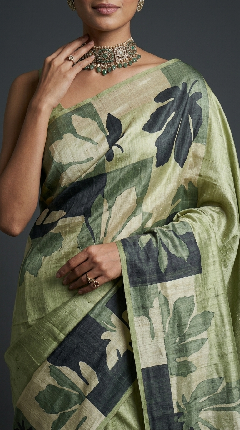 Sage Green Hand-Painted Pure Tussar Silk Saree with Autumn Chinar Leaves