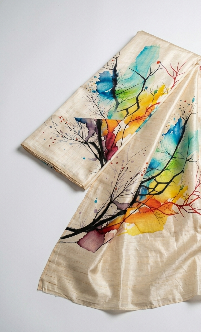 Rainbow Forest Hand-Painted Pure Tussar Silk Saree