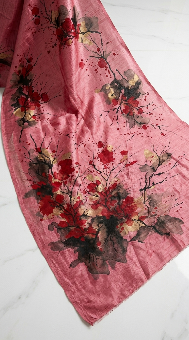 Crimson Blossom Symphony Hand Painted Pure Tussar Silk Saree