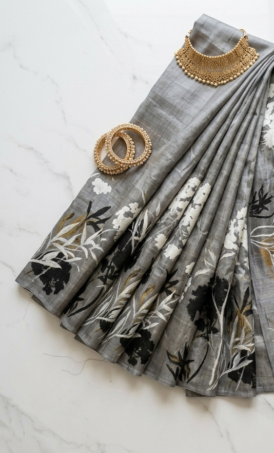 Silver Meadow Bloom Hand-Painted Pure Tussar Silk Saree