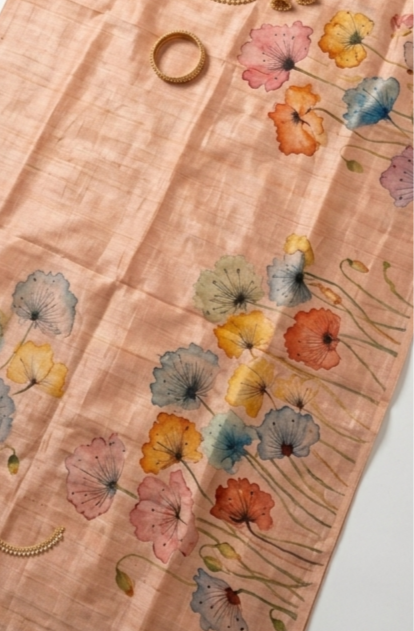 Pastel Peach Floral Whisper Hand-Painted Pure Tussar Silk Saree