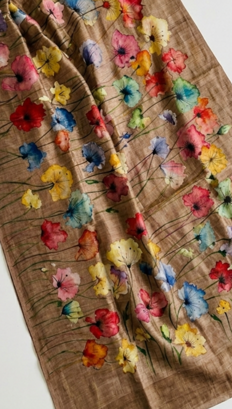 Coffee Brown Blossom Garden Hand-Painted Pure Tussar Silk Saree