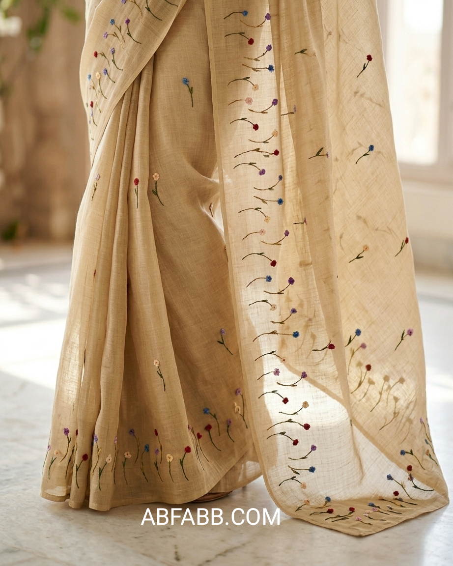 Beige Vasundhara Floral Hand-Embroidered Pure Linen Saree