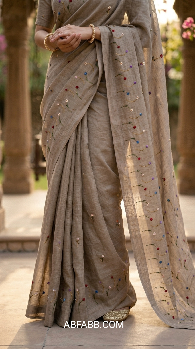 Taupe Vasundhara Floral Hand-Embroidered Pure Linen Saree