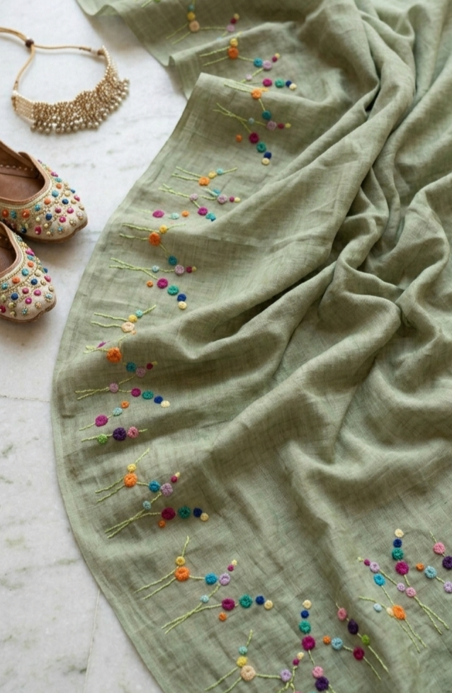 Sage Green Bloom Hand Embroidered Pure Linen Saree