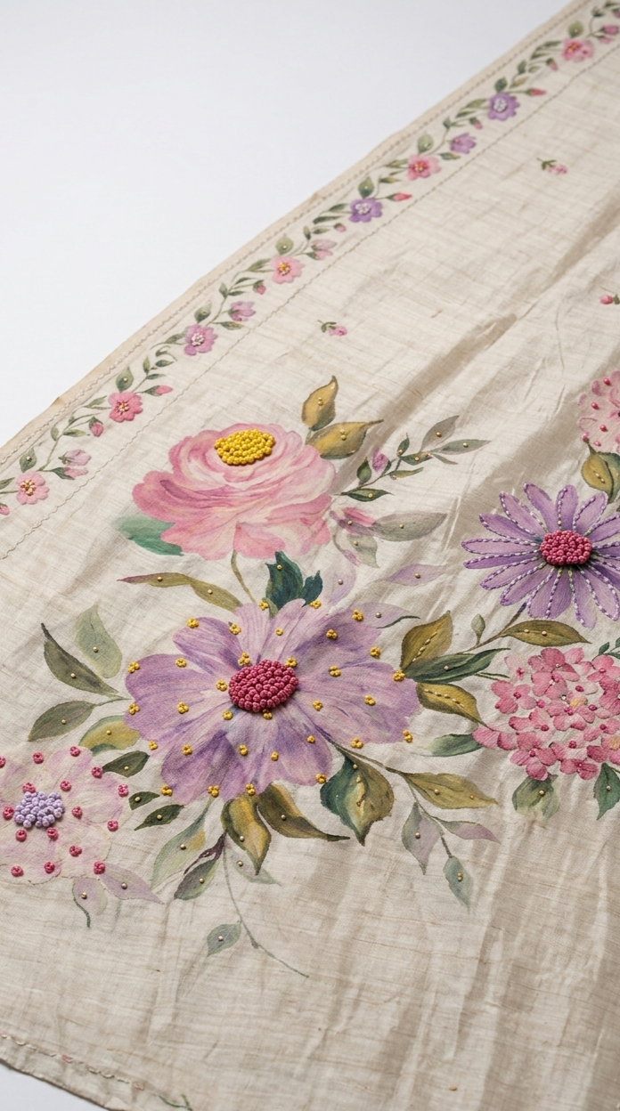 Ivory White Hand-Painted Floral Pure Tussar Silk Saree with Kantha Stitch