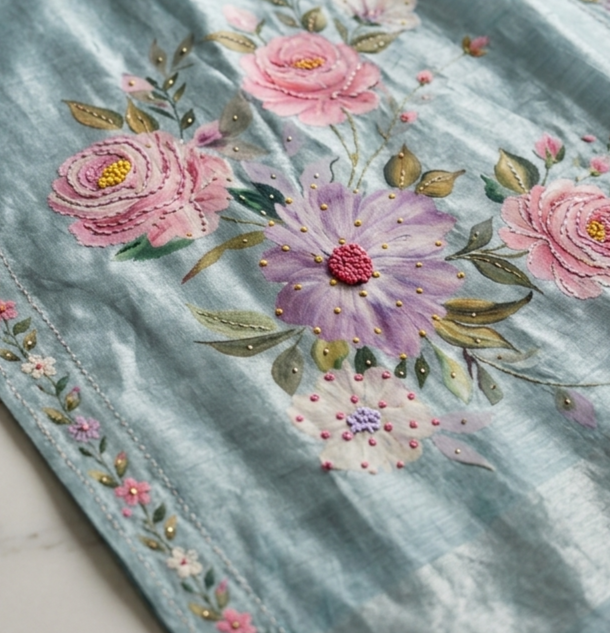 Powder Blue Hand-Painted Floral Pure Tussar Silk Saree with Kantha Stitch