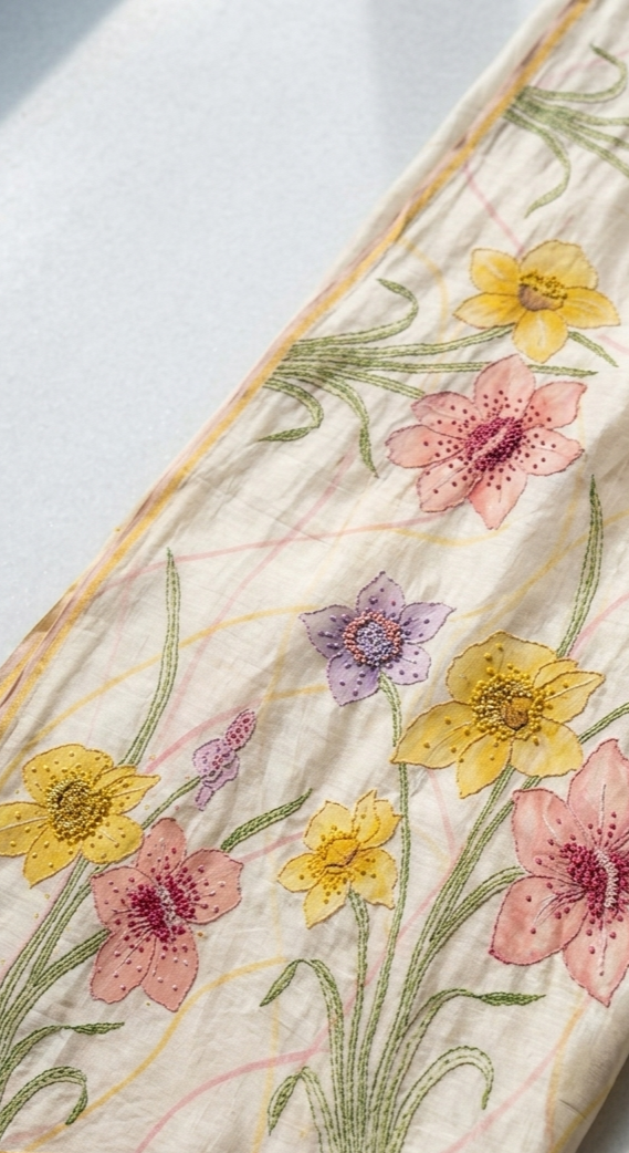 Ivory Cream Hand-Painted Floral Pure Tussar Silk Saree with Kantha Stitch