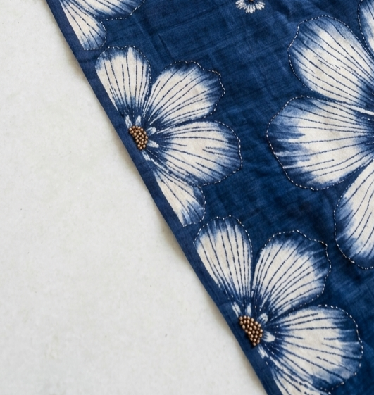 Indigo Blue Hand-Painted Floral Pure Tussar Silk Saree with Kantha Stitch