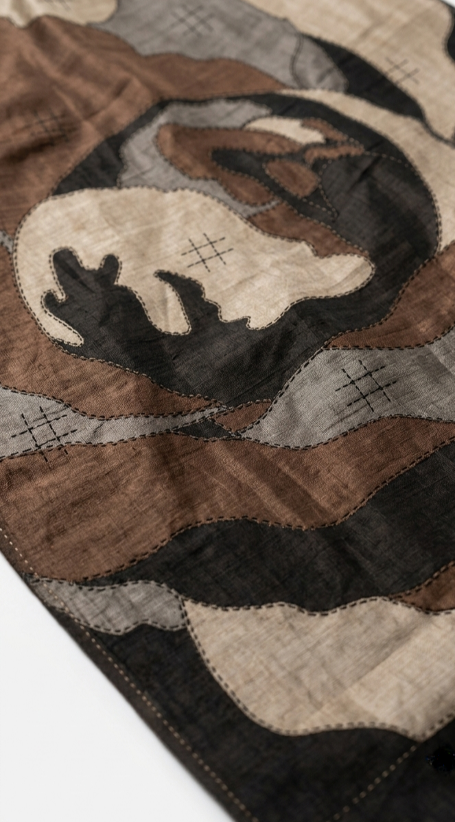 Pure Tussar Silk Saree with Abstract Hand-Painted Art & Hand Kantha Stitch