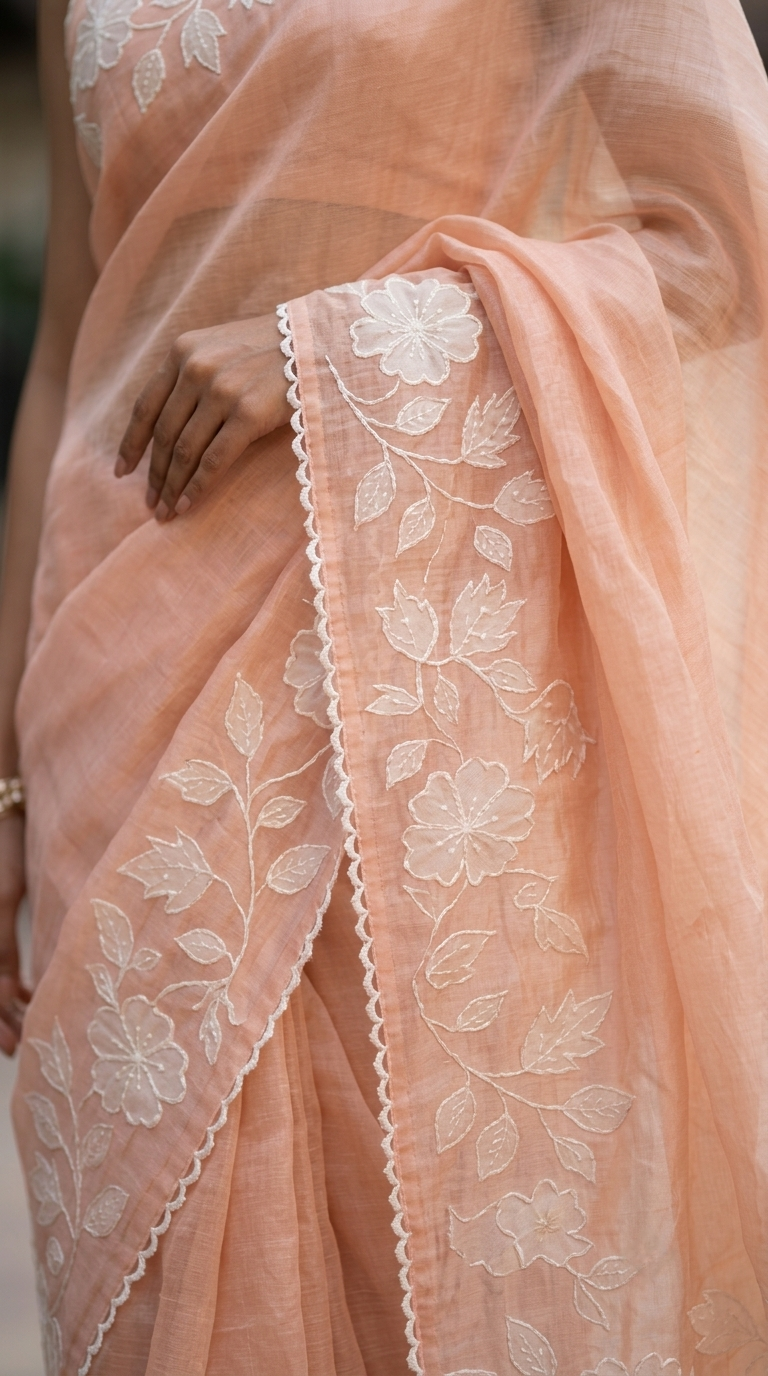 Peach Mul Chanderi Silk Saree with White Floral Applique Work & Scalloped Border