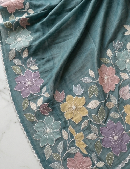 Teal Blue Mul Chanderi Silk Saree With Pastel Floral Applique Work & Scalloped Border