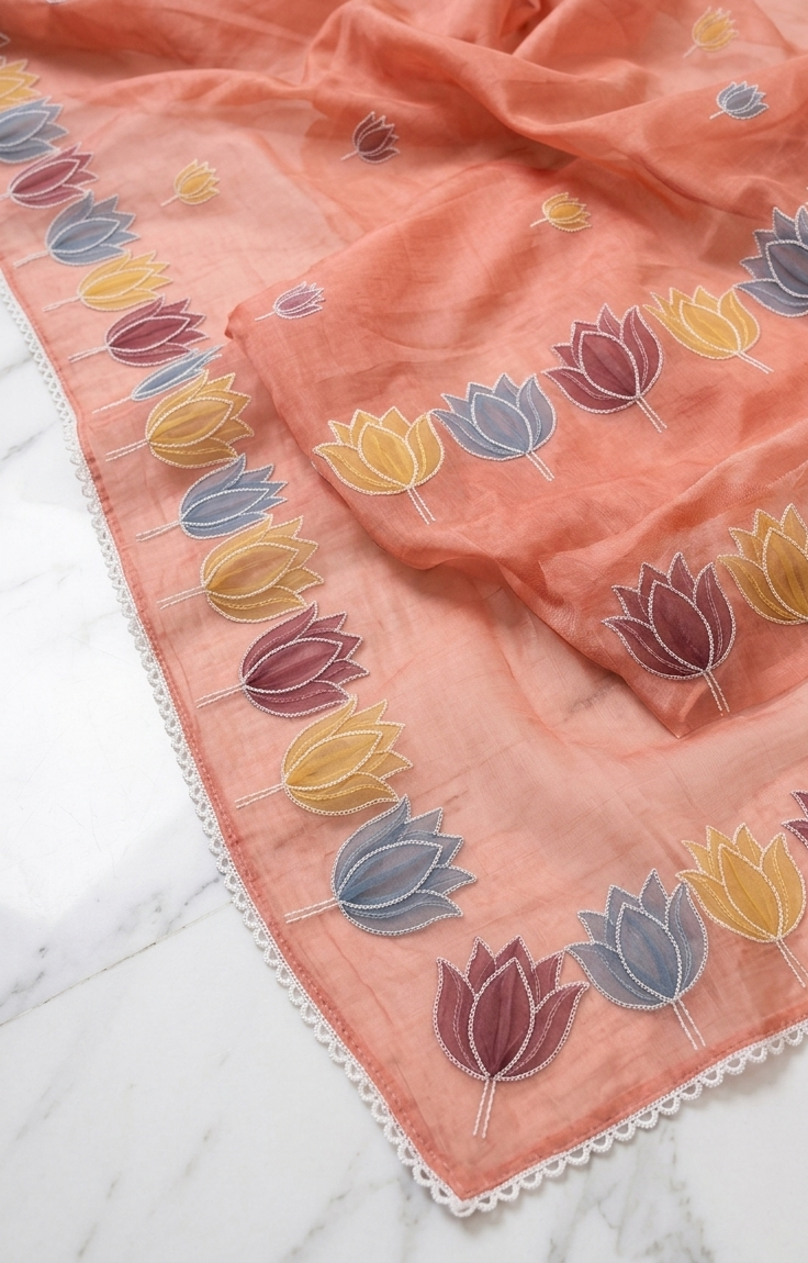 Salmon Pink Mul Chanderi Silk Saree with Organza Tulip Applique Work & Delicate White Stitch Detailing