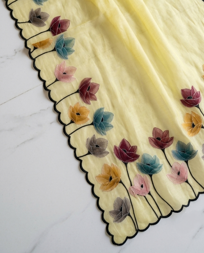 Butter Yellow Mul Chanderi Silk Saree with Floral Applique Work & Scalloped Border