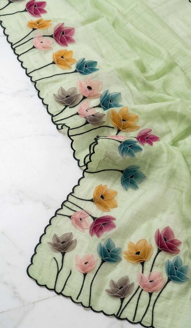 Pistachio Green Mul Chanderi Silk Saree with Floral Applique Work & Scalloped Border