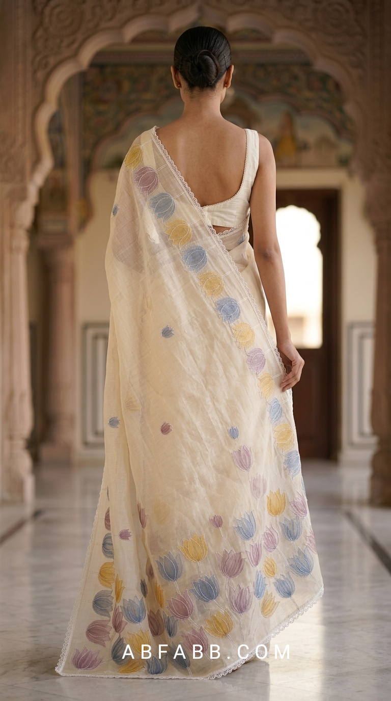 Ivory Mul Chanderi Silk Saree with Organza Tulip Applique Work & Delicate White Stitch Detailing