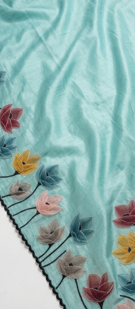 Peacock Teal Mul Chanderi Silk Saree with Floral Applique Work & Scalloped Border