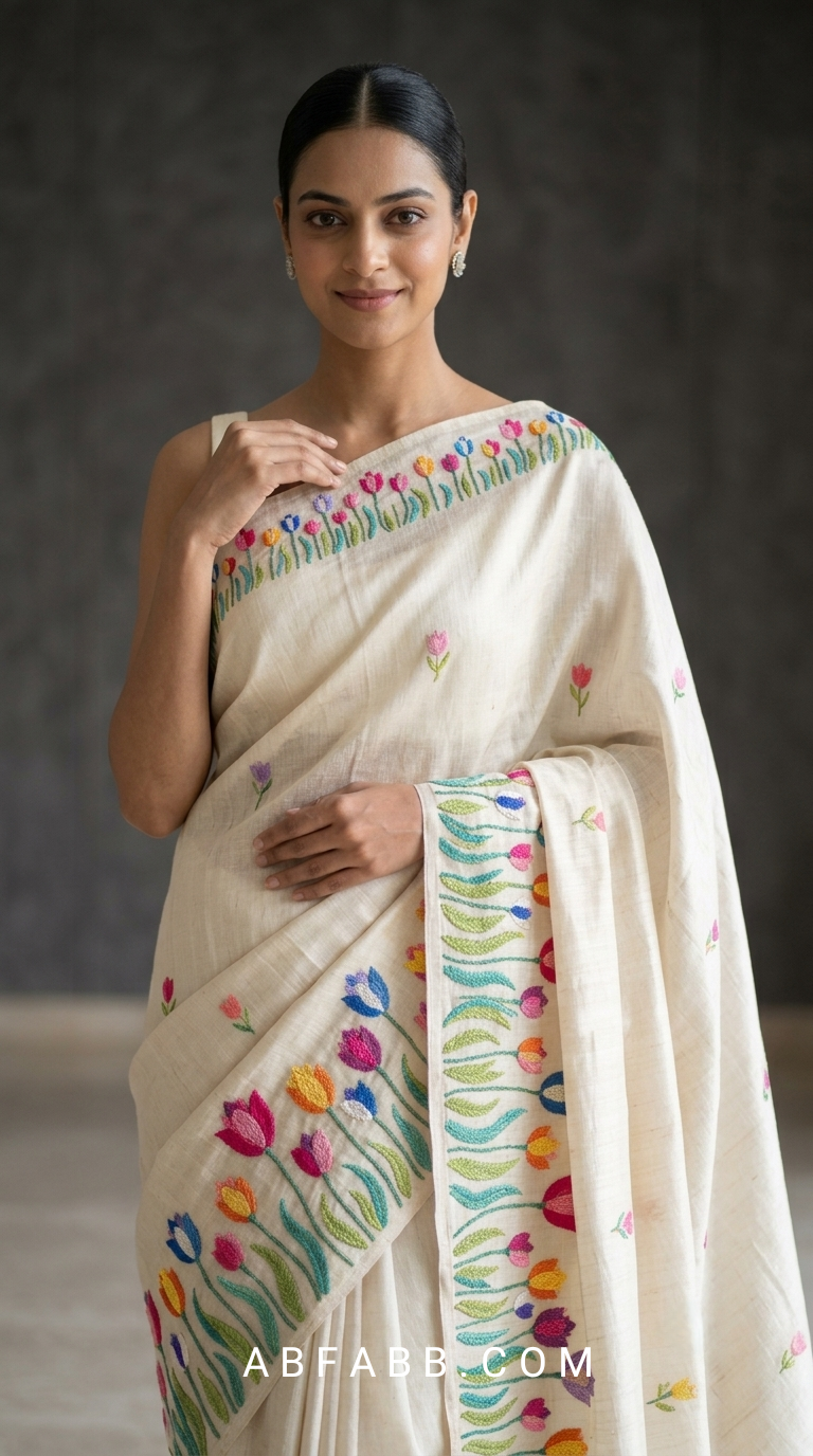 Pure Tussar Silk Saree in Off-White With Multicolored Tulip Embroidery