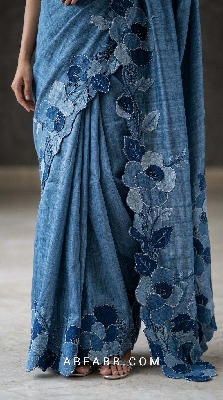 Denim Blue Pure Tussar Silk Saree With Tonal Floral Applique And Cutwork