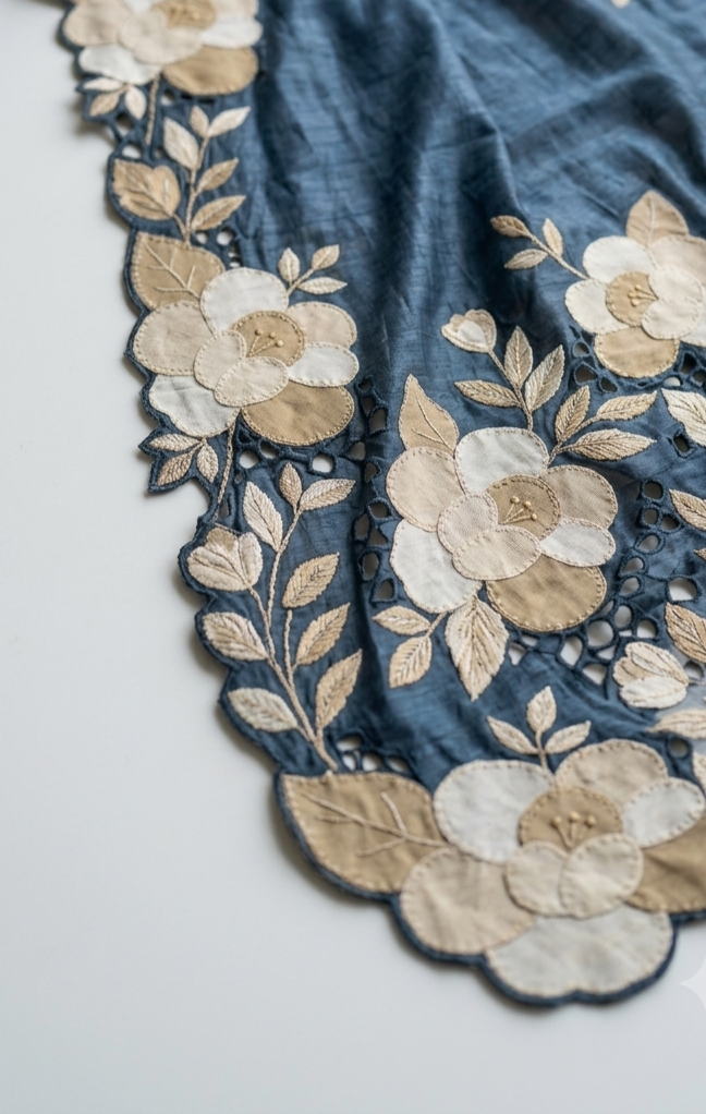 Indigo Blue Pure Tussar Silk Saree With Cream Floral Applique And Cutwork