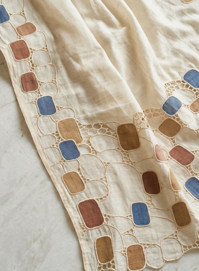 Pure Tussar Silk Saree with Multicolour Geometric Applique & Scalloped Cutwork
