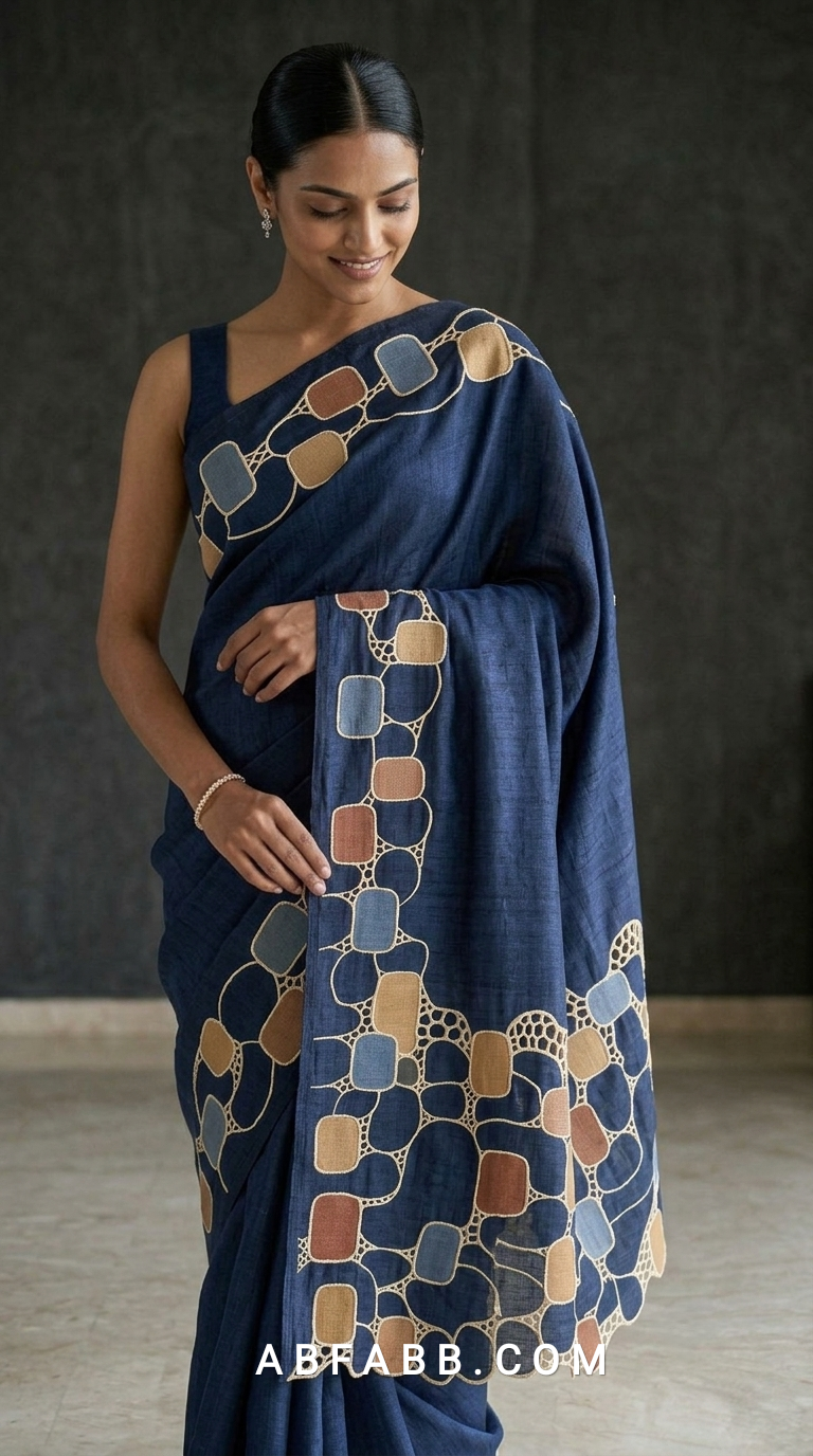 Pure Tussar Silk Saree in Rich Navy Blue with Multicolour Geometric Applique & Scalloped Cutwork
