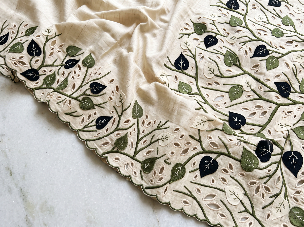 Pure Tussar Silk Saree in Ivory with Olive & Navy Leaf Applique and Scalloped Cutwork Border