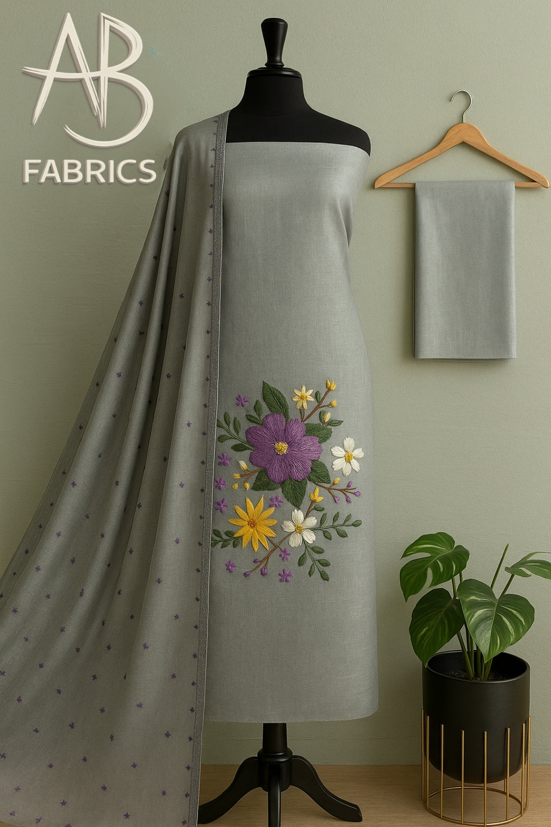 Heavy Embroidered Pure Linen (3 piece) Set Unstitched Dress Material DM69