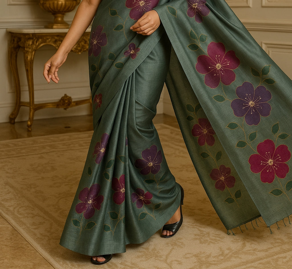 Pure Tussar Silk Saree With Beautiful Hand Printed And Handwork Saree HPH05